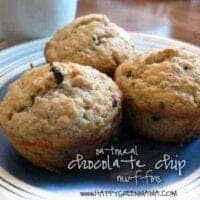Three chocolate chip muffins sit on a blue and white plate, with a cup in the background. Text on the photo reads oatmeal chocolate chip muffins and www.happygreenmama.com.