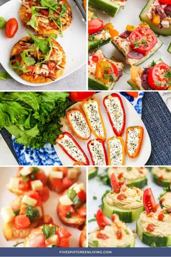 A collage of five images featuring assorted healthy appetizers, including mini pizzas with arugula, stuffed cucumber bites, stuffed pepper halves, bruschetta with diced tomatoes, and cucumber rounds—perfect Cold Summer Appetizer Recipes.