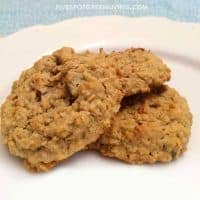 Three homemade Chickpea Oatmeal Cookies are stacked on a white plate. The cookies appear golden brown with a rough, chewy texture. The light blue background and fivespotgreenliving.com watermark complete the photo.