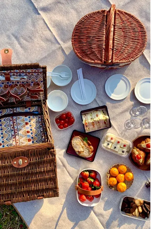 tablecloth on grass with picnic food