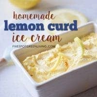 Rectangular white dish filled with creamy yellow lemon curd ice cream, garnished with lemon zest curls. Out-of-focus lemon slices and a blue-handled spoon are in the background. Text reads homemade lemon curd ice cream and Pineapple Popsicle Recipe.