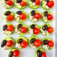 greek salad bites Appetizer on cutting board
